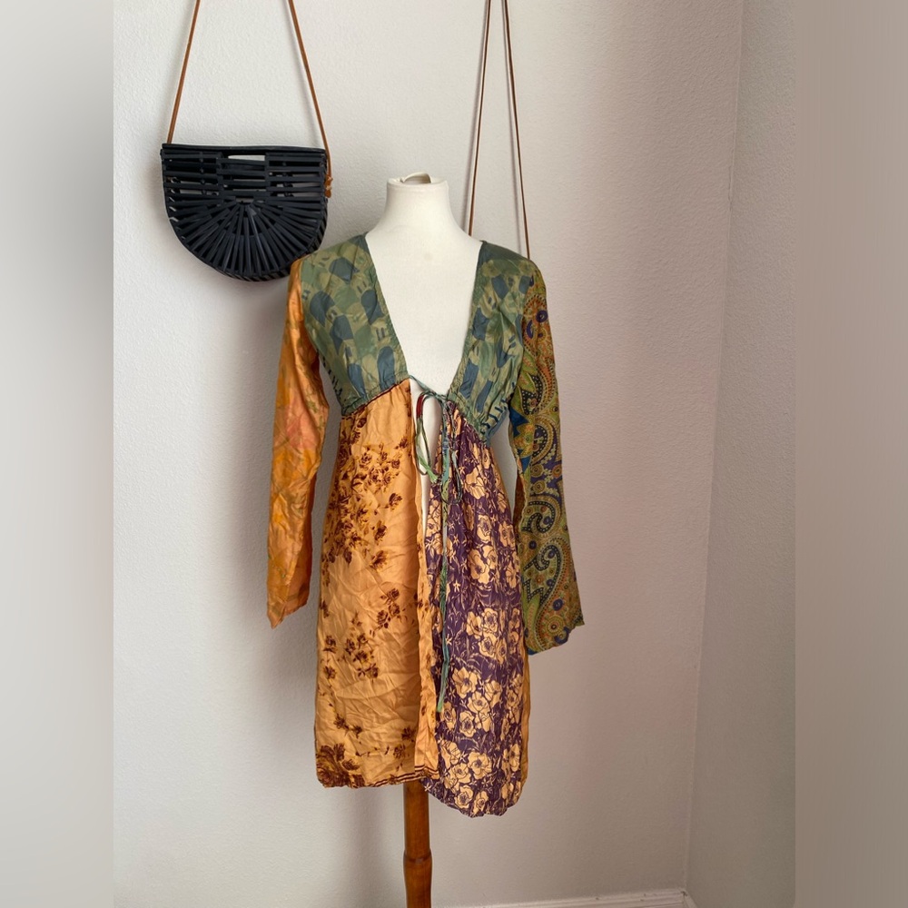 Claudette Floral Patchwork Silk Tie Cardigan, Size Small